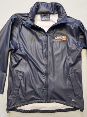 Helly Hansen Raincoat Jacket Blue Hidden Hood Pockets Backpacking Mens Medium M